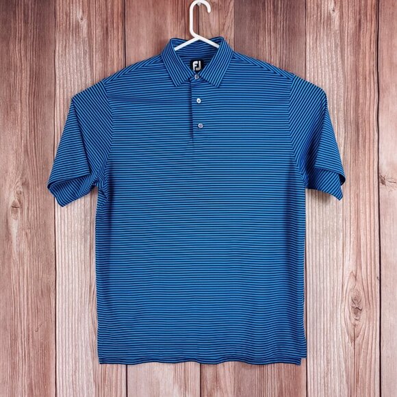 Footjoy FJ Mens Size Large Blue Black Striped SS Golf Performance Polo Shirt - Picture 1 of 12